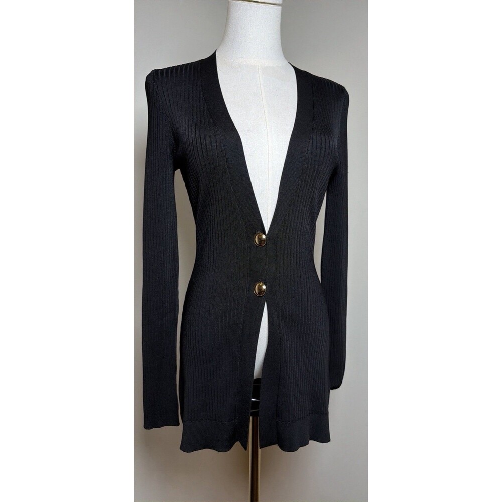 Good American Cardigan Womens 1/2 Small Black Ribbed Gold Button Longline